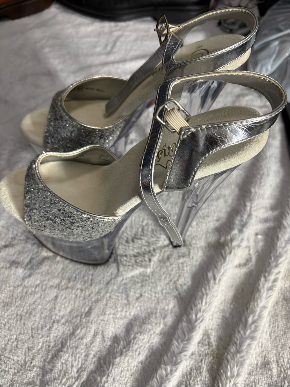 Pleaser Silver Glitter Clear Platform Stiletto Sandals View 3